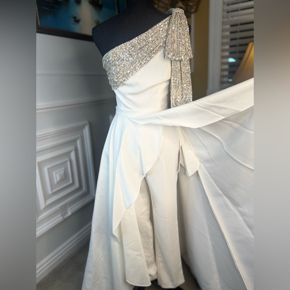 Gavin Jumpsuit With Satin Overskirt in Light Ivory, Silver & Diamond White - Picture 12 of 15